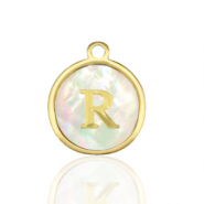 Stainless Steel - Rostfrei Stahl Anhänger 12mm shell initial R White (Naturliche Farbe Muschel)-gold
