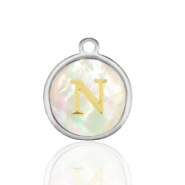 Stainless Steel - Rostfrei Stahl Anhänger 12mm shell initial N White (Naturliche Farbe Muschel)-silver