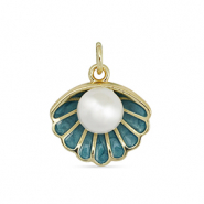 Brass TQ Metall Anhänger Muschel mit Perle Gold-turquoise blue-white