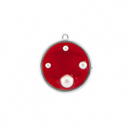 Resin Anhänger Rund mit Perlen Silver-red-white