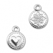 Metall Anhänger DQ Rund mit Herz/Blume Antik silber (Nickelfrei)
