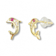 Brass TQ Metall Ohrringe / Ohrstecker Delfin Gold-dark pink