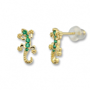 Brass TQ Metall Ohrringe / Ohrstecker Eidechse Gold-green
