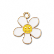 Metall Anhänger Enamel Blume mit Smiley Gold-white-yellow
