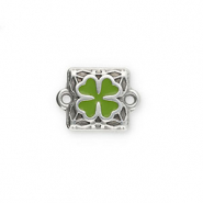 Metall Anhänger DQ Zwischenstück Viereck mit Glücksklee Antik silber-green (Nickelfrei)