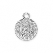 Metall Anhänger Rund mit Blume Silver