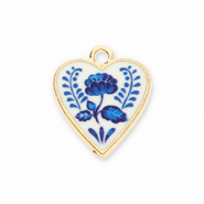 Metall Anhänger Herz mit Blume Gold-white-blue