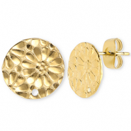 Stainless Steel - Rostfrei Stahl Schmuckzubehör Ohrringe / Ohrstecker Rund mit Blume mit Öse Gold