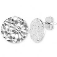 Stainless Steel - Rostfrei Stahl Schmuckzubehör Ohrringe / Ohrstecker Rund mit Blume mit Öse Silver