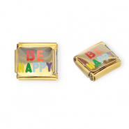 Italian Charm Element aus Stainless Steel - Rostfreiem Stahl "Be happy" Gold-multicolour