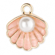 Metall Anhänger Muschel mit Perle Gold-light peach pink-white
