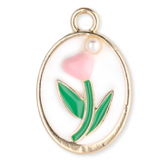 Metall Anhänger Oval mit Tulpe mit Perle Gold-white-green-light pink
