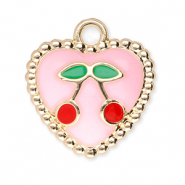 Metall Anhänger Herz mit Kirschen Gold-light pink-red-green