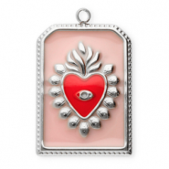 Stainless Steel - Rostfrei Stahl Anhänger Rechteck mit Herz Silver-vintage pink-red
