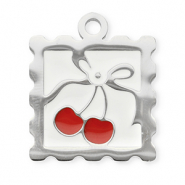 Stainless Steel - Rostfrei Stahl Anhänger Viereck mit Kirschen Silver-red-white