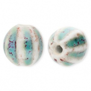 Perlen Keramik 11 mm mit Streifen Teal blue-off white-port red