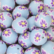 Silikonperlen 18 mm Rund mit handbemalten Blumen Light blue-purple-yellow