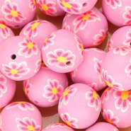 Silikonperlen 18 mm Rund mit handbemalten Blumen Orchid purple-neon pink-yellow