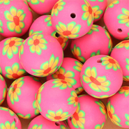 Silikonperlen 18 mm Rund mit handbemalten Blumen Neon pink-green-orange-red