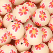 Silikonperlen 18 mm Rund mit handbemalten Blumen Nude beige-neon pink-orange