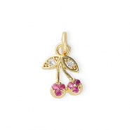 Brass TQ Metall Anhänger Kirschen mit Strass Gold-pink-transparent