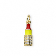 Brass TQ Metall Anhänger Lippenstift mit Strass Gold-red-yellow-transparent