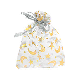 Schmuckbeutel Organza 9x12cm Mond und Stern Light grey-gold