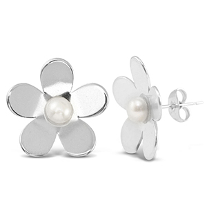 Ohrringe / Ohrstecker aus Stainless Steel - Rostfreiem Stahl Perlen Blume Silver