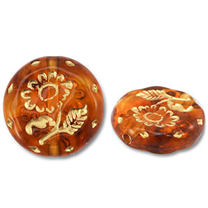Acrylperlen Rund mit Blume Orange brown-gold