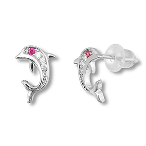 Brass TQ Metall Ohrringe / Ohrstecker Delfin Silver-dark pink