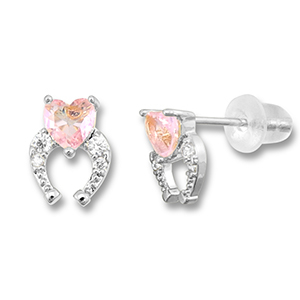 Brass TQ Metall Ohrringe / Ohrstecker Hufeisen mit Herz Silver-light pink