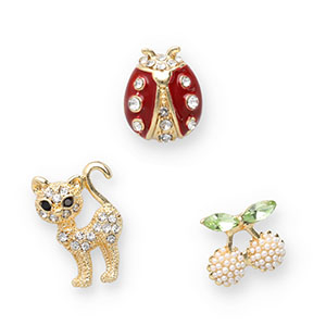 Anstecker Kirschen / Katze / Marienk&auml;fer Gold-green-red-black