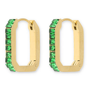 Ohrringe aus Stainless Steel - Rostfreiem Stahl Creolen Rechteck mit Strass Gold-green