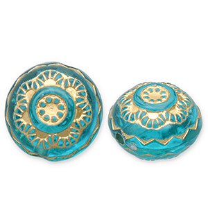 Acrylperlen Rund mit Blume Teal blue-gold