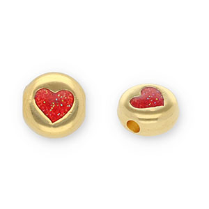 Metall Perlen DQ Rund mit Herz Gold-glitter red (Nickelfrei)