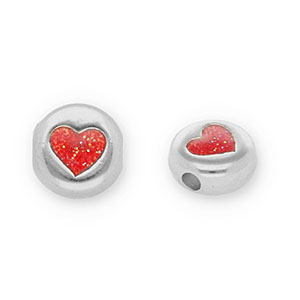 Metall Perlen DQ Rund mit Herz Antik silber-glitter red (Nickelfrei)