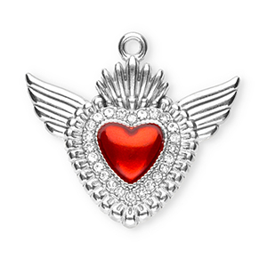 Stainless Steel - Rostfrei Stahl Anh&auml;nger Heilige Herz mit Fl&uuml;gel Silver-red-crystal
