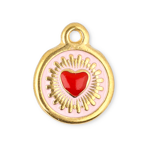Stainless Steel - Rostfrei Stahl Anh&auml;nger Rund mit Herz Gold-red-light pink