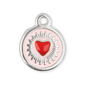 Stainless Steel - Rostfrei Stahl Anh&auml;nger Rund mit Herz Silver-red-light pink