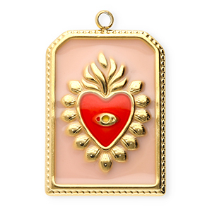 Stainless Steel - Rostfrei Stahl Anh&auml;nger Rechteck mit Herz Gold-vintage pink-red