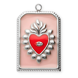 Stainless Steel - Rostfrei Stahl Anh&auml;nger Rechteck mit Herz Silver-vintage pink-red