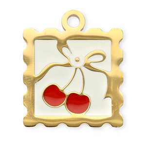 Stainless Steel - Rostfrei Stahl Anh&auml;nger Viereck mit Kirschen Gold-red-white