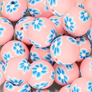 Silikonperlen 18&nbsp;mm Rund mit handbemalten Blumen Pink-dark blue-white