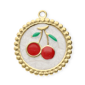 Stainless Steel - Rostfrei Stahl Anh&auml;nger Rund mit Kirschen Gold-pearl white-red-green