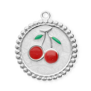 Stainless Steel - Rostfrei Stahl Anh&auml;nger Rund mit Kirschen Silver-pearl white-red-green